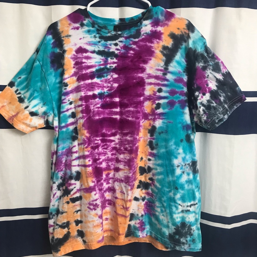 Brand new tie dye with bleached back and screen print on back